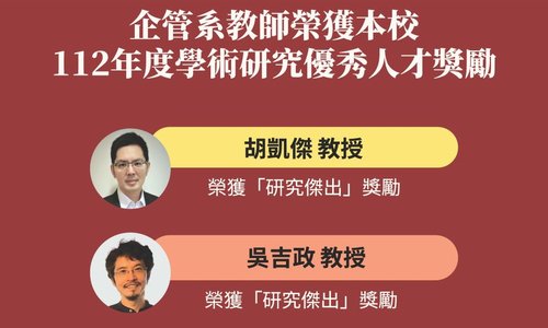 賀！！胡凱傑老師等4位教師獲本校112年度「學術研究優秀人才獎勵」