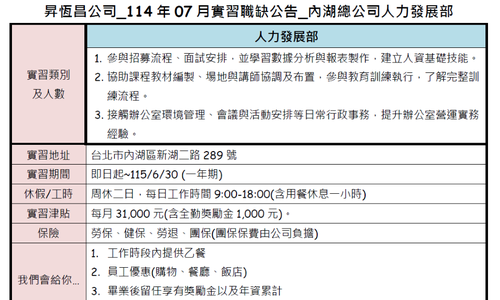 昇恆昌公司114年總公司實習熱烈招募中