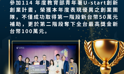 恭賀！尚榮安老師、林嘉榆同學榮獲 U-start 創新創業計畫最高 100 萬元補助！