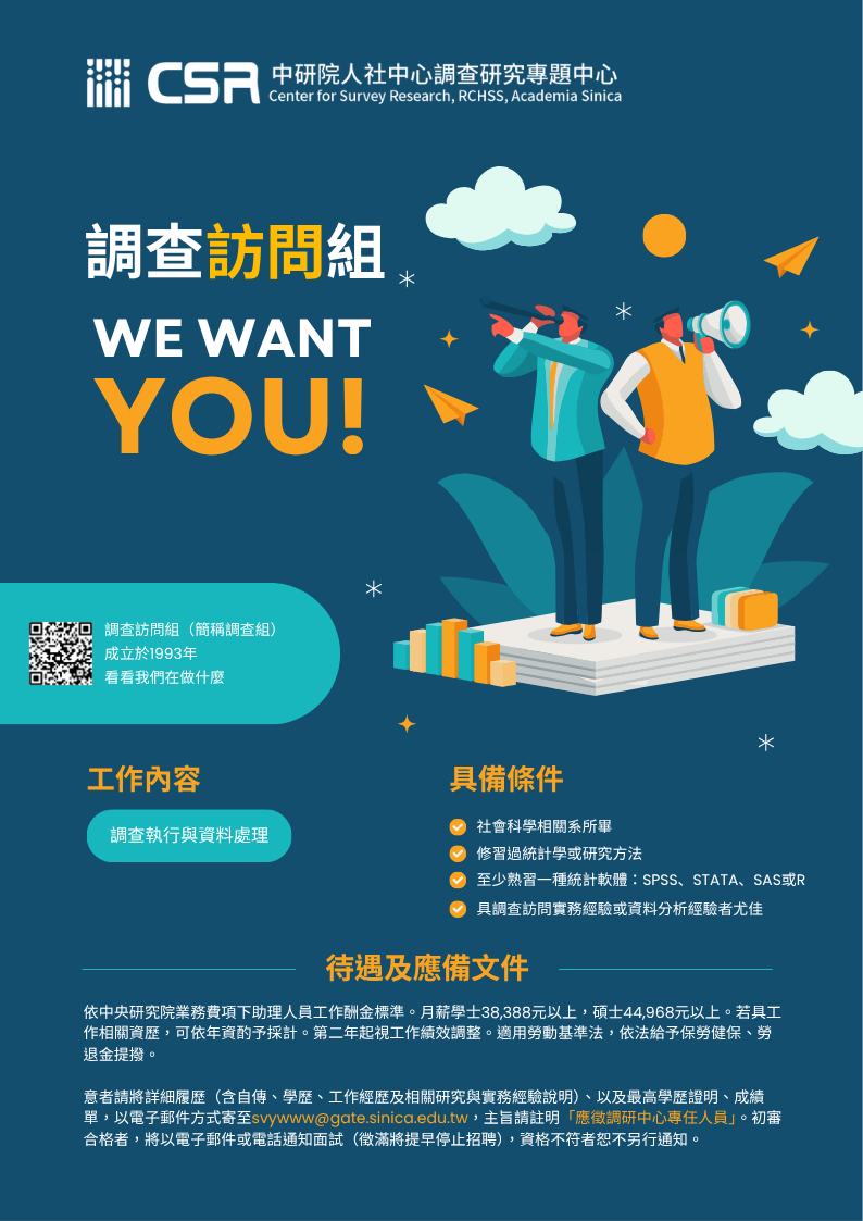 中研院人社中心調查研究專題中心調查訪問組徵人